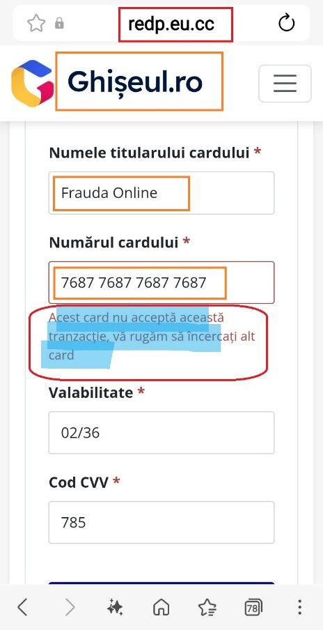 Mesajul care respinge cardul fictiv și cere introducerea altui card