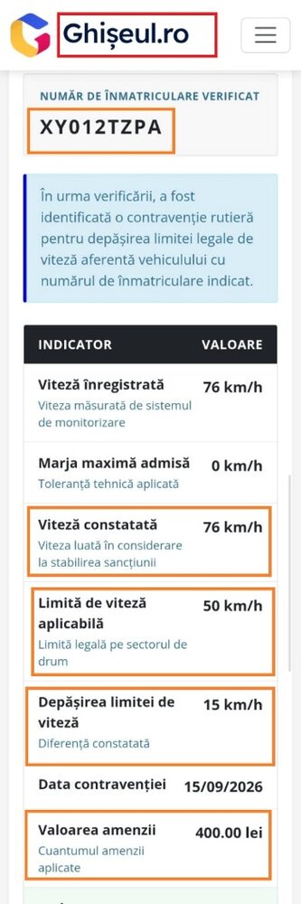 Tabelul cu detaliile contravenției false: 76 km/h, limită 50, depășire 15 km/h, 400 lei