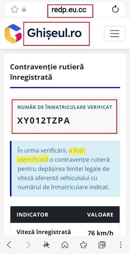 Rezultatul: o contravenție rutieră afișată pentru numărul fictiv