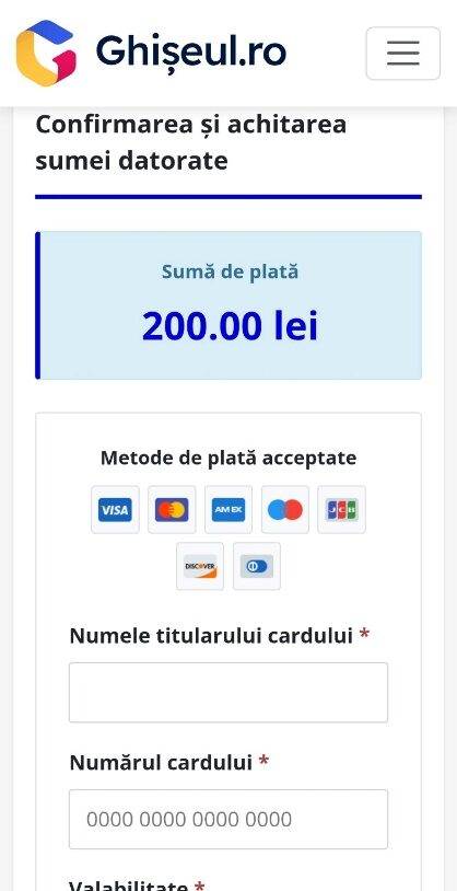 Formularul de plată care solicită datele complete ale cardului bancar