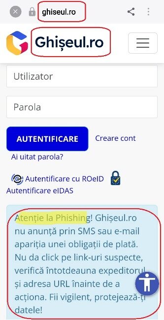 Platforma reală ghiseul.ro afișând avertismentul anti-phishing