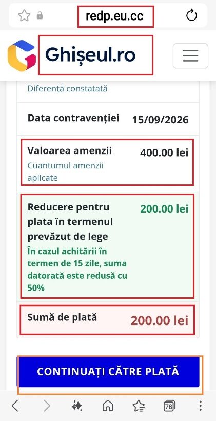 Amenda de 400 lei redusă la 200 lei, cu butonul Continuați către plată