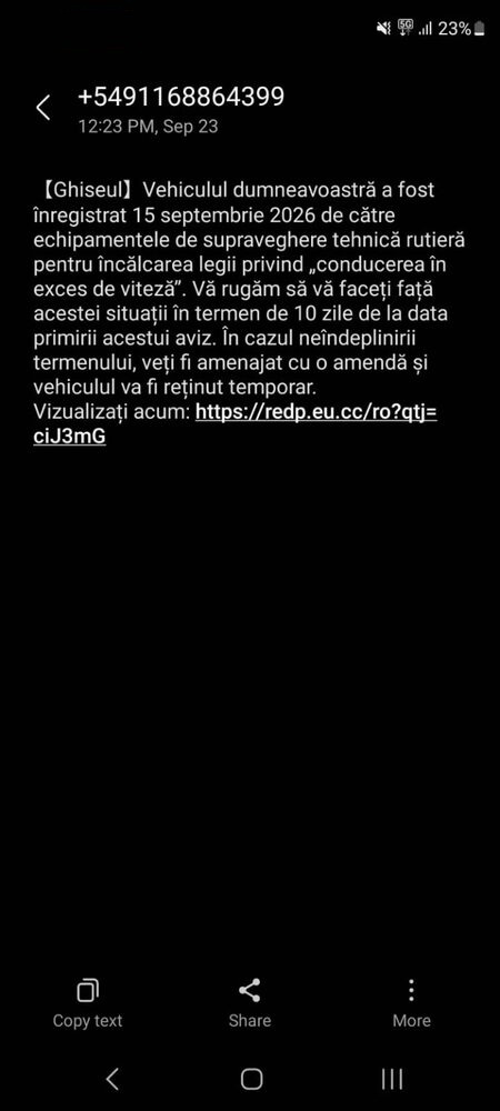 Prima variantă a SMS-ului fals: depășirea vitezei, cu link redp.eu.cc