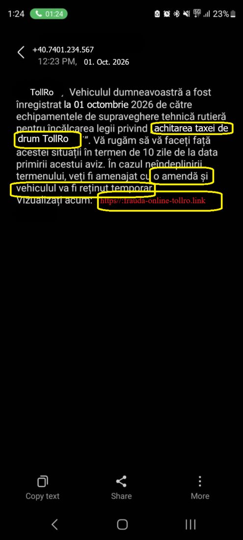 SMS simulat: taxă de drum TollRo neachitată, cu amenințarea amenzii