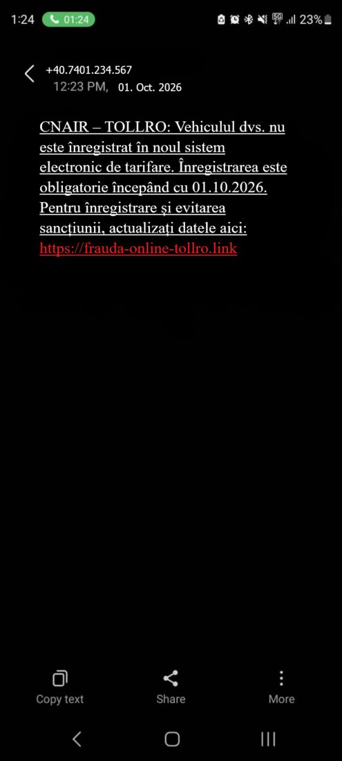 SMS simulat în numele CNAIR-TOLLRO cerând înregistrarea obligatorie a vehiculului