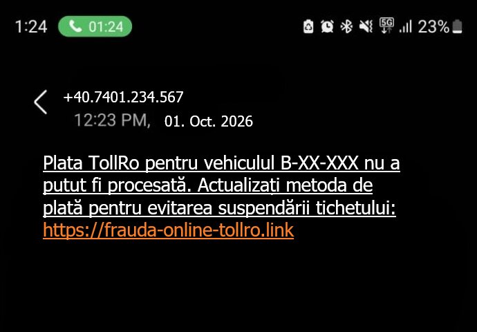 SMS simulat: plata TollRo nu a putut fi procesată, actualizați metoda de plată