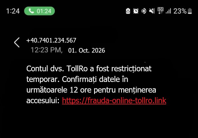 SMS simulat: cont TollRo restricționat temporar, confirmați datele