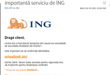 Email fals de phishing imitând o bancă
