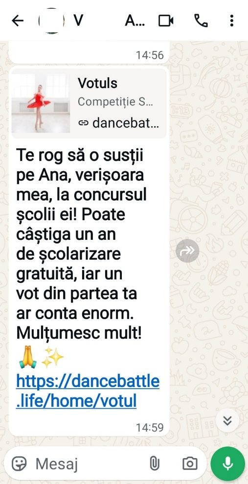 Mesaj WhatsApp cu cerere de vot și link